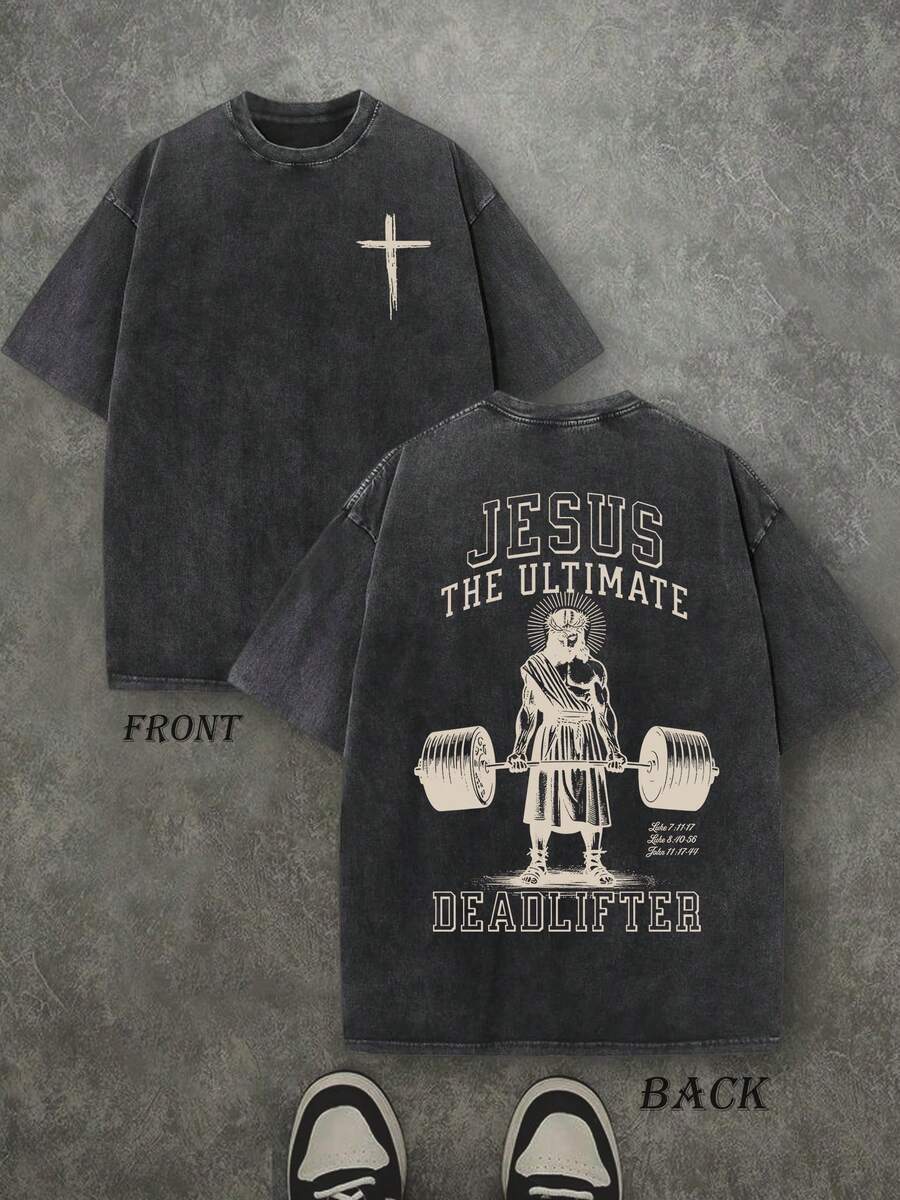 Retro Washed T-Shirt Double Sided Printed (230 Pure Cotton T-Shirt) 'JESUS THE ULTIMATE DEADLIFTER' Letter Print, Christian Gift, Men's T-Shirt, Men's Casual, Comfortable, Fashionable T-Shirt, Street Style Cotton - màu đen - Xem 1