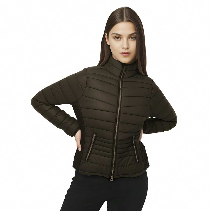 Chamarra Capitonada para Dama Con Forro de Peluche Fino, Abrigadora para temporada de lluvias, Manga Larga con Bolsillos Laterales, Moda Casual para Dama, Colores Intensos - Verde Oliva - Ver 1