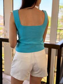 SQUARE TANK TOP SUMMER KNITTED WOMEN'S FASHION - 藍色 - 查看 2