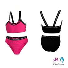 Conjunto de bikini de dos piezas de color sólido con diseño de tirantes, ideal para niñas de 10 a 16 años y perfecto para la playa en verano. Fabricado con tela suave, su estilo es casual y cotidiano, logrando que las niñas luzcan adorables y se sientan completamente cómodas. Este conjunto de bikini de dos piezas es una excelente elección para disfrutar de los días en la playa con estilo y comodidad. - Rosa - Ver 2