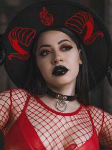 BREITER 1 件女式 Y2K 复古哥特式女巫帽,黑色印花涤纶毡帽,带有精致五角星和蕾丝花边,适合万圣节、圣诞节、化妆舞会、节日礼物 - 平簷禮帽 - 查看 27