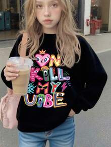 Tween Girl Cute Slogan Print Sweatshirt Crewneck Sweatshirt For Girl Casual Comfy Fall And Winter Fashion Outfits Cute Clothes - Black - View 9