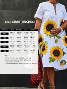 Summer Fall Curvy Dresses For Women 2025 New Sunflower Print Plus Size Loose V-Neck Short Sleeves Pleated Applique Midi Dress Vacation Outfits Woman - 白色 - 查看 6