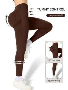 2Pcs Seamless High-Elasticity Women's Solid Color Sports Leggings,Women Tuck In The Abdomen Leggings,Lift The Buttocks And Slim The Legs Leggings,Soft Touch Quick Dry Breathable Four-Way Stretch Hip Lift Leggings For Women,Multi-Color Optional(Black/Blue/Green/Brown) - 黑色+棕色 - 查看 2