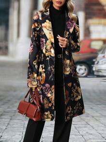 Women's Retro Floral Print Long Sleeve Blazer Jacket With Mandarin Collar, Black Base, Spring/Autumn - Multicolor - View 6