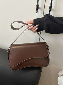 1pc Minimalist Solid Color Flap Shoulder Bag, Classic Textured Crossbody Bag, Women Handbag - Coffee - View 2