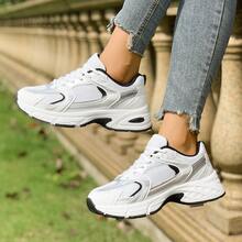 Women's Mesh Lace-Up Sneakers With Thick Sole And Cushioning, Suitable For Daily Running, Fitness And Commuting, Comfortable And Lightweight, Suitable For Various Occasions, And Practical For Basic Wear - 黑色 - 查看 3
