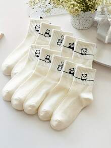 5 Pairs Cute Panda Cartoon Print Women Socks, Minimalist Fashion Comfortable Mid-Calf Socks, Moisture Wicking, Suitable For Daily Matching, All Season Christmas Gift - Black and White - View 8
