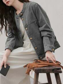 休闲洗水破洞牛仔夹克，适合春秋季节 - 灰色 - 查看 5