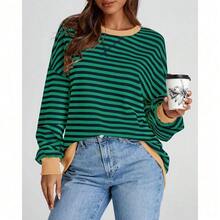 Womens Oversized Striped Sweatshirt Crewneck Long Sleeve Pullover Top Casual Y2K Spring Clothes 2026 Workout Shirt,Vacation Outfits Women,Valentine Outfits For Women,Street Photography - 綠色海軍藍 - 查看 6