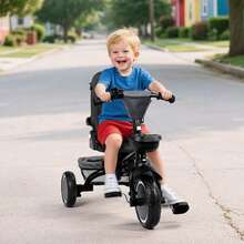 Kinder King Kids Tricycle, 8 In 1 Folding Toddler Trike W/Adjustable Push Handle, Rotatable Seat, Adjustable Canopy, Bell, Five-Point Harness, Storage, Toddler Bike, Gray - Grey - View 3