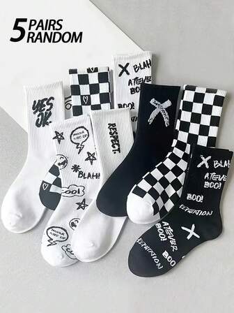 5 双随机女式中筒袜，白色和黑色字母涂鸦，时尚百搭，柔软舒适，吸湿排汗，适合派对、聚会、返校