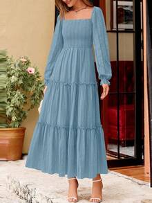 PRETTYGARDEN Women Elegant  Maxi Dresses For Fall Boho Long Sleeve Smocked A Line Ruffle  Wedding Guest Holiday Party Long Dress With Pockets New Years Valentine Vacation Spring Dresses For Women Vestidos Elegantes De Mujer - 灰藍 - 查看 6