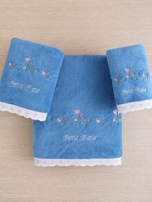 珊瑚絨刺繡玫瑰花假期禮物浴室毛巾/浴巾 田園浪漫風花卉吸水柔軟蕾絲飾邊臉巾或浴巾 舒適居家浴室裝飾 情人節禮物 - 天藍色 - 查看 4