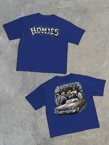 Homies Graphic Featuring A Group In A Classic Car Evokes Friendship Legacy And A Shared History Perfect For A Casual Tee With 220g, Graphic Car Crew Short Sleeve - 藍色 - 查看 1