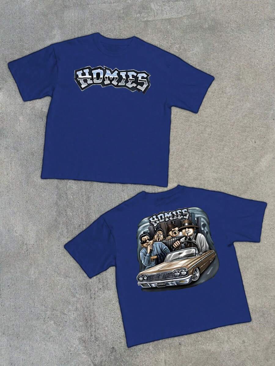 Homies Graphic Featuring A Group In A Classic Car Evokes Friendship Legacy And A Shared History Perfect For A Casual Tee With 220g, Graphic Car Crew Short Sleeve - 藍色 - 查看 1