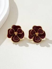 1 对优雅复古花卉耳钉，女士适用 - 酒紅色 - 查看 2