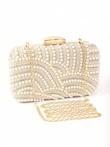 Clariva 优雅的人造珍珠手拿包，女士晚装包，配有可拆卸链条，非常适合婚礼、派对和正式活动，婚礼配饰，优雅的人造珍珠包 - 金色 - 查看 6