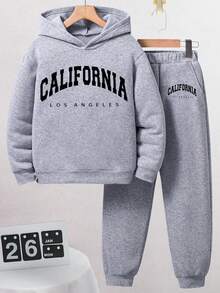 Tween Boy Letter Print Warm Hoodie And Sweatpants Set - Grey - View 1