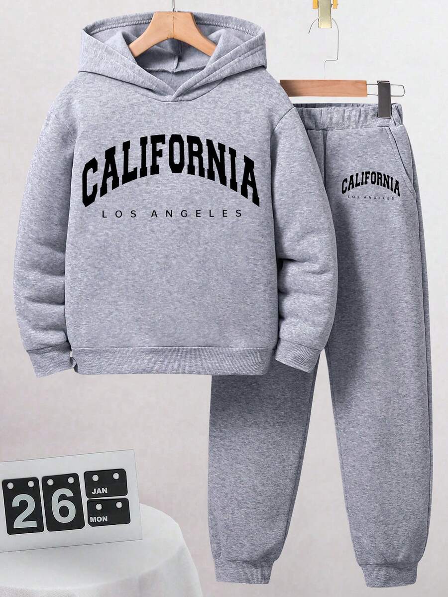 Tween Boy Letter Print Warm Hoodie And Sweatpants Set - Grey - View 1