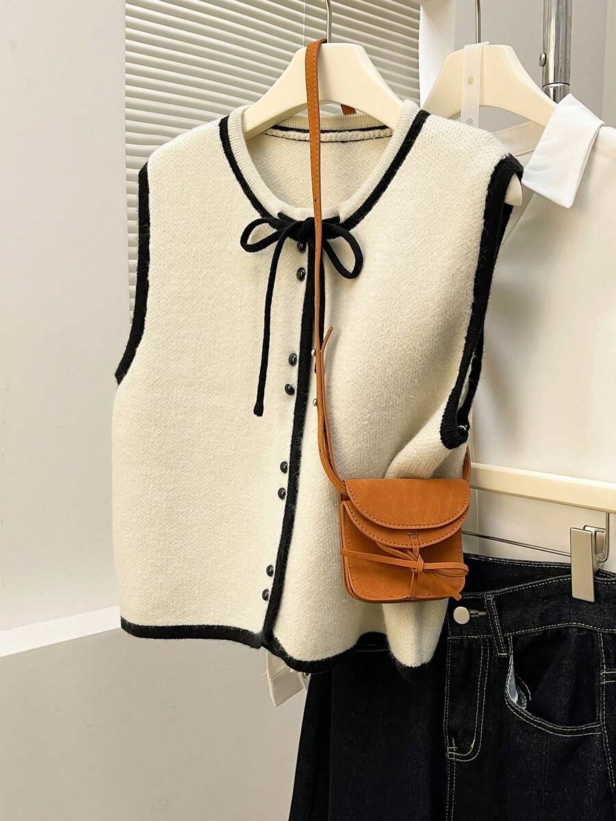 Alicedudu 女士秋冬时尚撞色边开衫背心 - 米色 - 查看 1