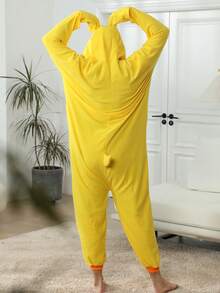 Adult Men's Duck Velvet Cartoon One-Piece Pajamas, Autumn And Winter Thickened Animal One-Piece Pajamas, Hooded Velvet Warm Home Clothes, Halloween Costumes, Christmas Role-Play Party Costumes - Yellow - View 2