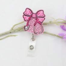 1pc Pink Glitter Floral Printed Bow Stethoscope Needle Tube Shaped Acrylic Retractable Badge Reel With Clip ID Badge Holder Badge Reel Gift For RN LPN CNA Nurse Doctor Assistant Medical Staff