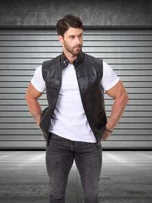 Chaleco de cuero de motocicleta para hombre, estilo deportivo sin mangas, color negro, para primavera/verano, con forro polar - Negro - Ver 3