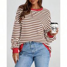 Womens Oversized Striped Sweatshirt Crewneck Long Sleeve Pullover Top Casual Y2K Spring Clothes 2026 Workout Shirt,Vacation Outfits Women,Valentine Outfits For Women,Street Photography - 棕色白色 - 查看 6
