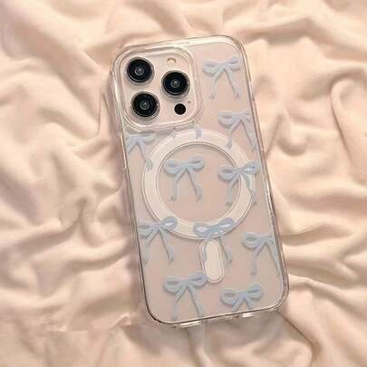 蓝色蝴蝶结图案时尚手机壳，亲肤磁吸设计，兼容 16 Pro Max/15/14/13/12/11 S25U S24U S23U A16 A15 A35 A36，防水防震防摔防刮，春季礼物