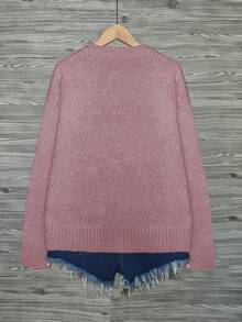Áo len chui đầu dệt kim rộng rãi họa tiết mèo Colorblock - Màu tím - Xem 4