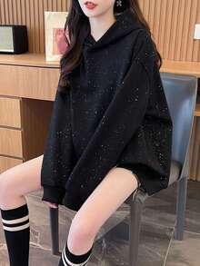 大码女式牛奶丝亮面连帽卫衣夹克上衣 - 黑色 - 查看 5