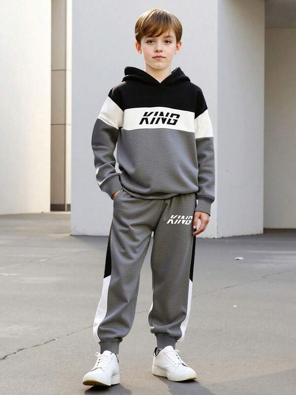 2pcs Boys King Letter Print Hooded Sweatshirt And Pants Set, Long Sleeve Top And Casual Sports Trousers, Fashion Sportswear For Teenage Boys