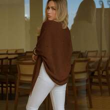 Plus Size Poncho Kimono Knit Cape Autumn Winter Fringe Blouse - 咖啡棕色 - 查看 2