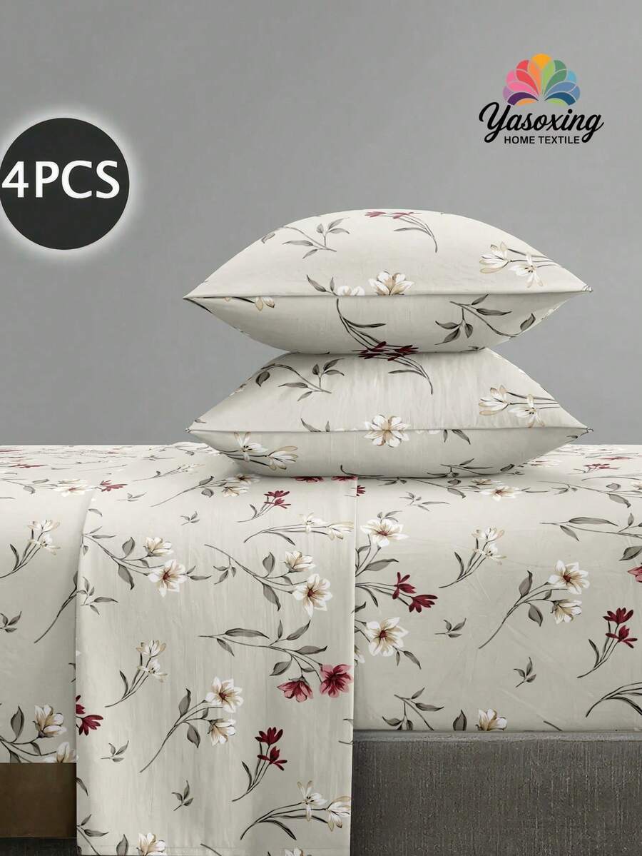 4Pcs Black White Garden Flower Pattern Sheet Set Bedding Set, 1pc Fitted Sheet & 1pc Flat Sheet& 2pcs Pillowcase Bedding Mattress Protector Set (Not Including Pillow Core)Luxury Fitted Sheet Set King Queen Full TWIN SIZE Sheet Deep Pocket Up To 11.8 Inch Pillowcase, Soft Breathable Wrinkle-Free Better For Sleep, Luxury Hotel Style, Gift For Mom Dad Friend Farmhouse Bedding Sets - Multicolor - View 1