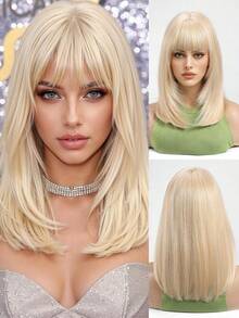 14-Inch Breathable & Comfortable Chin-Length Wavy Bob Wig With Bangs, Golden Color, Synthetic Fiber, Suitable For Cosplay And Daily Wear - Gold - View 3