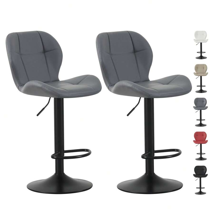 Mcc Direct Set Of 2 Bar Stools, Height Adjustable Swivel Barstools, Counter Stools With Backrest, Faux Leather Seat, Footrest And Metal Base For Home, Kitchen And Restauran - Stella - Black - View 1