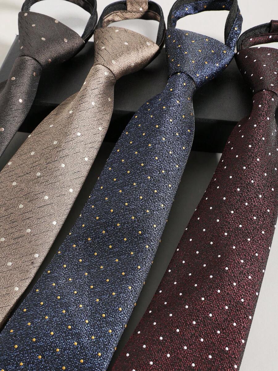 1 件男士时尚波尔卡圆点拉链领带，酒红色/海军蓝/卡其色/棕色，方便的领带选择