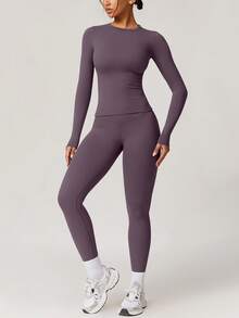 NcmRyu 1套女士弹力提拉塑身性感长袖和长裤运动服 - 紫色 - 查看 9