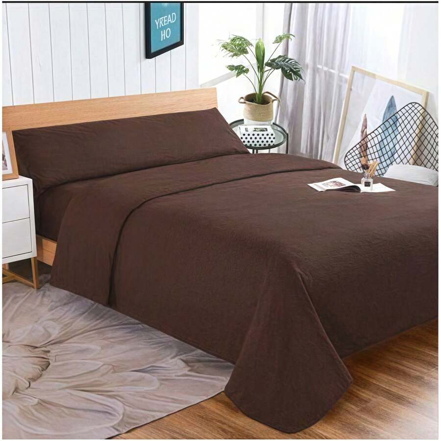 3-Piece Bed Sheet Set, Soft And Comfortable Colorfast Bedding, Suitable For Beds Measuring 90/105/135/150/180/200 Cm, Including Fitted Sheet, 1 Pillowcase And Sheet, For All Seasons - 棕色 - 查看 1