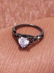 1pc Elegant French Design Romantic Heart Stone Engagement Ring For Women, Unique Hollow Leaf Decor Ring, Perfect Ideal Engagement Wedding Anniversary Party Jewelry Valentine's Day Birthday Gift