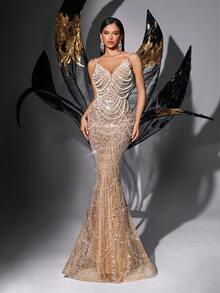 Glamouröses paillettenbesetztes, perlenbesticktes ärmelloses Meerjungfrauenkleid mit V-Ausschnitt (stark verziert) - Champagnerfarben - Übersicht 3