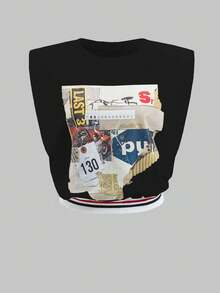 T-shirt décontracté à col rond imprimé de façon créative pour femmes, Top polyvalent, confortable et respirant, convient pour les festivals de musique