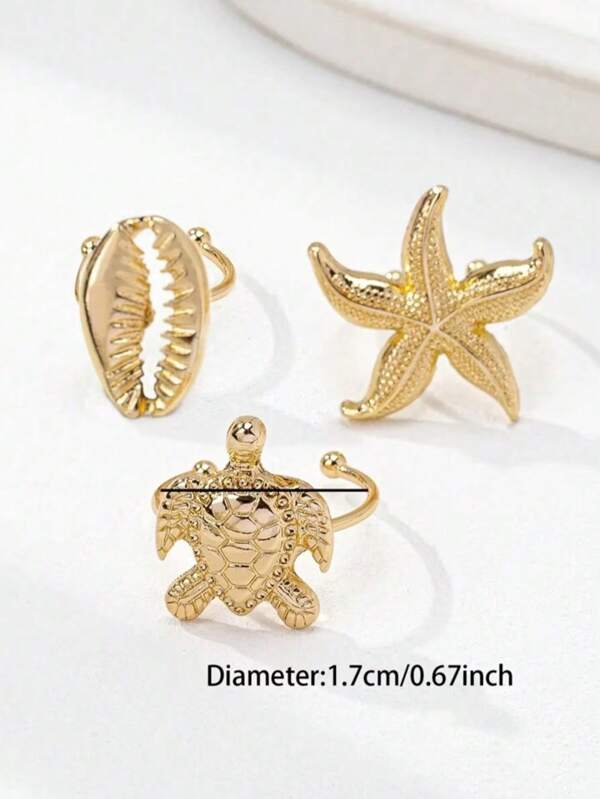 3pcs Vintage Summer Starfish & Sea Turtle Embossed Rings, Suitable For Women's Daily Wear And Holiday Gifts