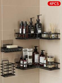 2/3/4 件套浴室置物架，包含转角淋浴置物架、壁挂式皂碟、洗发水架和肥皂架，适合家居浴室装饰，黑色浴室收纳架，洗发水架，浴室，浴室配件，浴室装饰，生日装饰，新年礼物，情人节礼物 - 黑色 - 查看 15