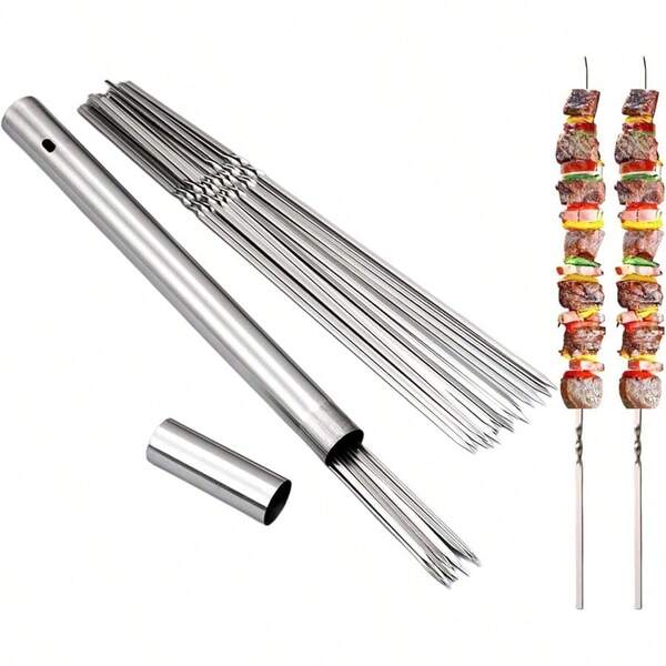 TLLOther BBQ Tools304 Stainless Steel 13.2" Long Flat Barbecue Skewers20PCS 40PCS BBQ Kebab Skewers With Portable Metal Storage Tube Reusable For Grilling Barbecue Kitchen Party And Outdoor Cooking 20PCS TLL8970