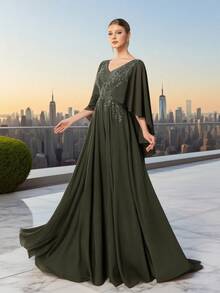 DELLA COUTURE Women's V-Neck Army Green Evening Gowns Exquisite Floating Fashion Ladies Elegant And Noble Slim Gorgeous Floor-Length Gowns Style Dress Suitable For Parties,Prom, Weddings And Other Formal Occasions Prom Guest Dress , Long Cocktail Dresses - Army Green - View 3