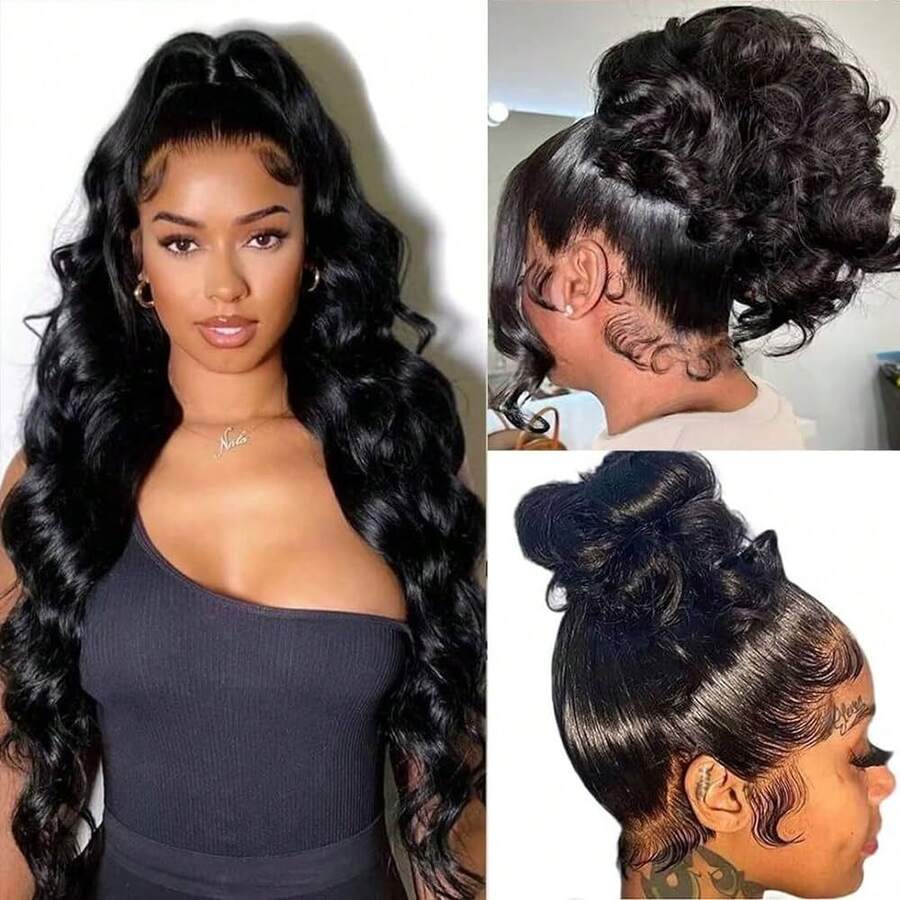 bling hair 360 Lace Front Wigs Human Hair 200% Density Hidden Straps Body Wave Lace Front Wigs With Drawstring 360 Full Lace Wigs Brazilian Virgin Human Hair Wig For Women Natural Black 26Inch - Natural Black - 查看 1