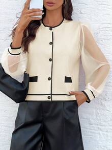 Womens Sheer Mesh Cardigan Puff Sleeve Color Block Button Sweater Dressy Knit Top