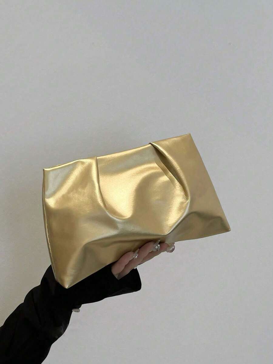 新款春夏时尚纯色手拿包、褶皱云朵包、纯色休闲信封包、化妆包、旅行配件包、洗漱包、收纳袋 - 金色 - 查看 1